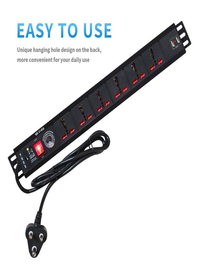 MX Surge Protector 6-Outlet Power Strip Universal Socket with 2 USB Ports (2.1A) Child Safety Shutters Switch LED Indicator 16A 1.5M Cable - Image 3
